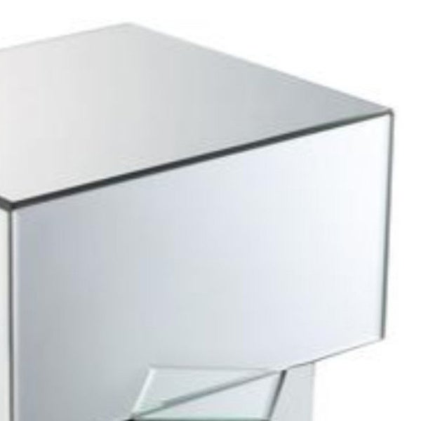 Mirror and Glass End Table with Unique Geometrical Base Design， Silver - 23.62 H x 19.69 W x 19.69 L Inches