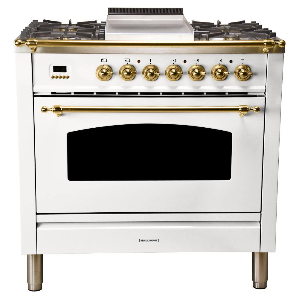 Hallman 36 in. 3.55 cu. ft. Single Oven Dual Fuel Italian Range True Convection 5 Burners Griddle LP Gas Brass Trim in White HDFR36BSWTLP