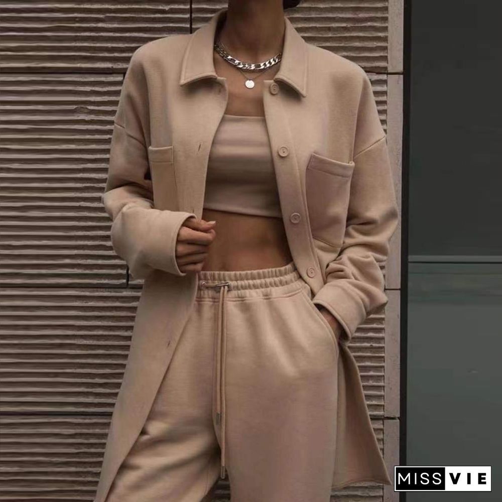 Fashion Autumn Cardigan Sweatshirt Jacket + Strapless Vest + Sweatpants Suits Women Tracksuit Winter New Three Piece Set Outfits