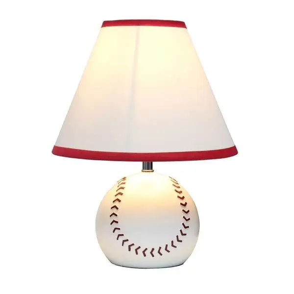 Simple Designs Athletic Sports Baseball Base Ceramic Bedside Table Desk Lamp with White Empire Fabric Shade with Red Trim