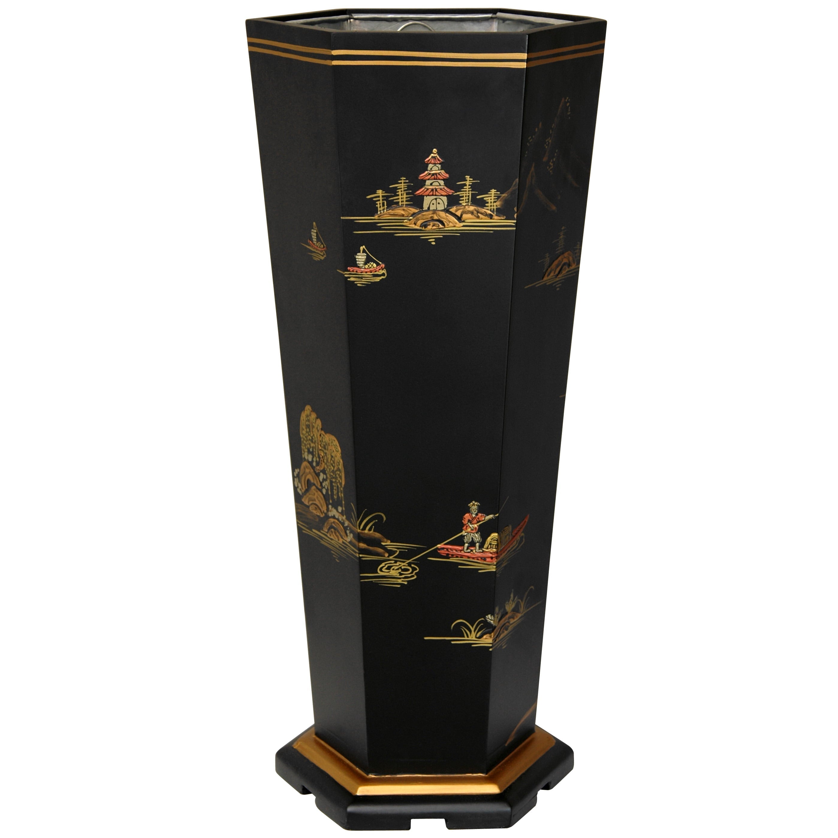 Oriental Furniture Handpainted Hexagon Umbrella Stand, Black