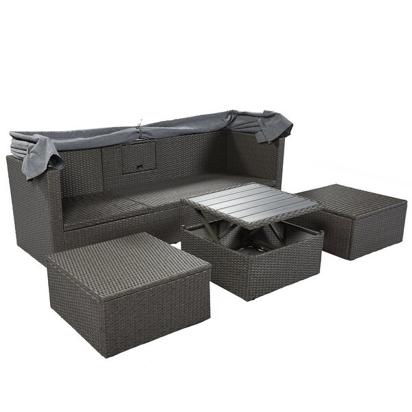 4Piece Outdoor Wicker Sectional Patio Daybed with Canopy and Ottoman