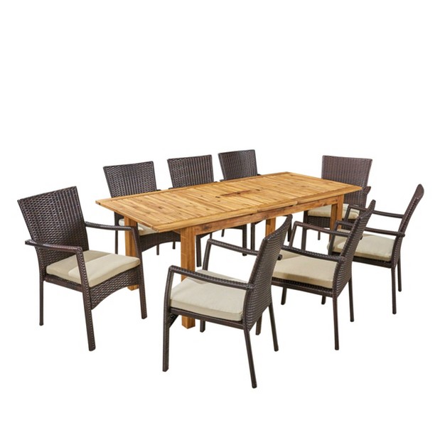 Davenport 9pc Wood amp Wicker Expandable Dining Set Natural brown cream Christopher Knight Home