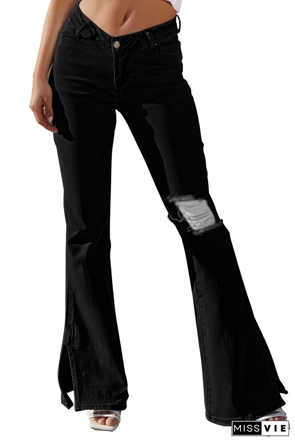 Black Ripped Slit Legs Flare Jeans