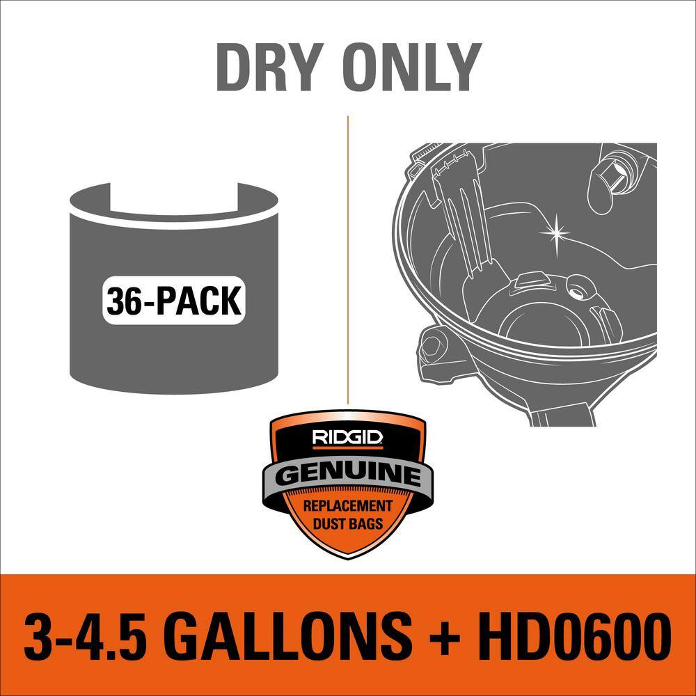 RIDGID High-Efficiency Size C Dust Collection Bags for 3 to 4.5 Gallon and HD06001 RIDGID WetDry Shop Vacuums (36-Pack) VF3501D