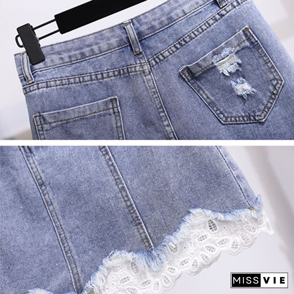 Doll Collar Bowknot Knitted T-Shirt High Waist Denim Skirt