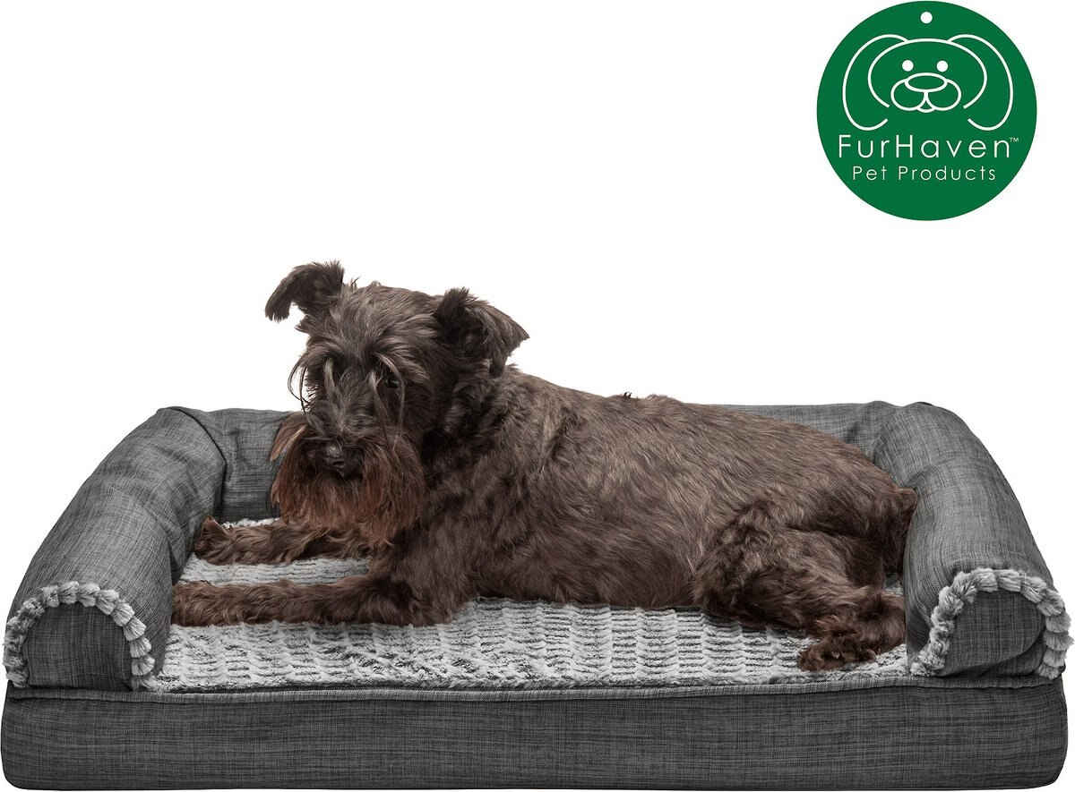 FurHaven Luxe Fur and Performance Linen Cooling Gel Top Sofa Cat and Dog Bed w/Removable Cover