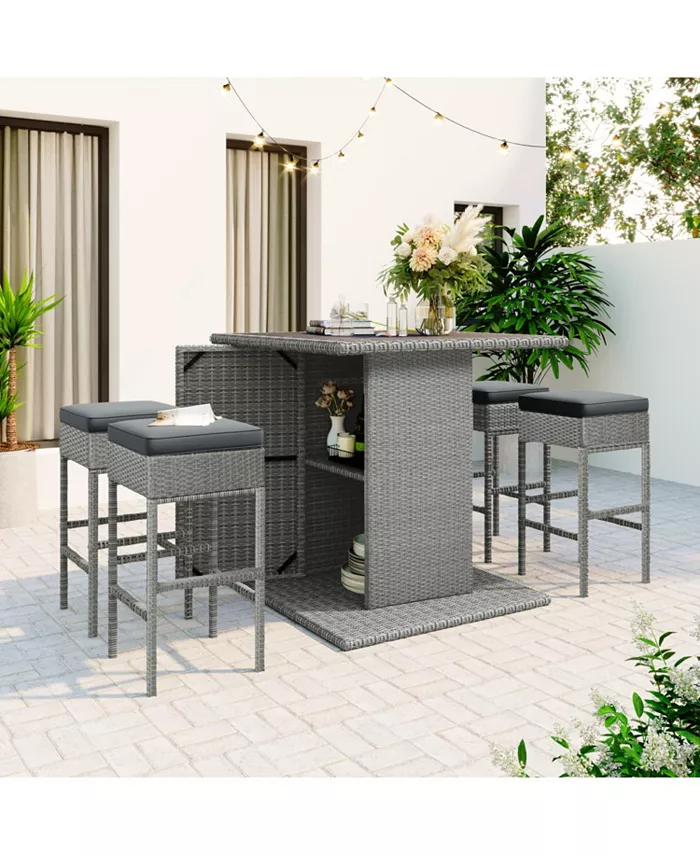 Simplie Fun Patio 5-Piece Rattan Dining Table Set PE Wicker Square Kitchen Table Set with Storage Shelf and 4 Padded Stools for Poolside Garden Gray Wicker Dark Gray Cushion