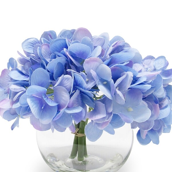 Artificial Hydrangea Flower Arrangement in Round Glass Vase 7in