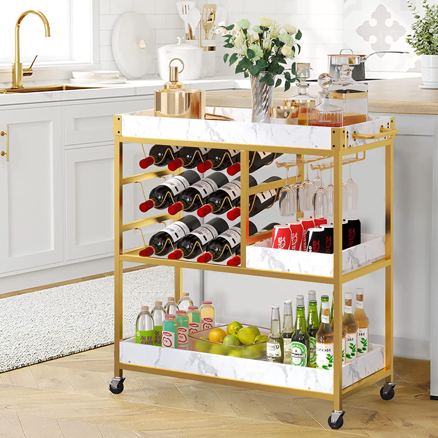 Catrimown Bar Cart Gold， Bar Carts for The Home with 12 Bottle Wine Rack and Wine Glasses Holder， Home Bar Serving Carts with Gold Handle for Kitchen Dining Room