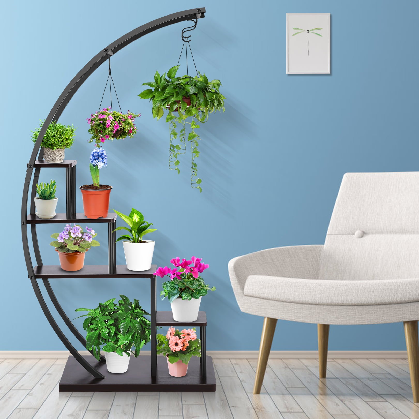 SEJOV 5 Tier Plant Stand for Indoor Plants, Half Moon Shape Plant Shelf with Hanging Hook, Multiple Planter Display for Home Decor, Living Room, Balcony, and Bedroom