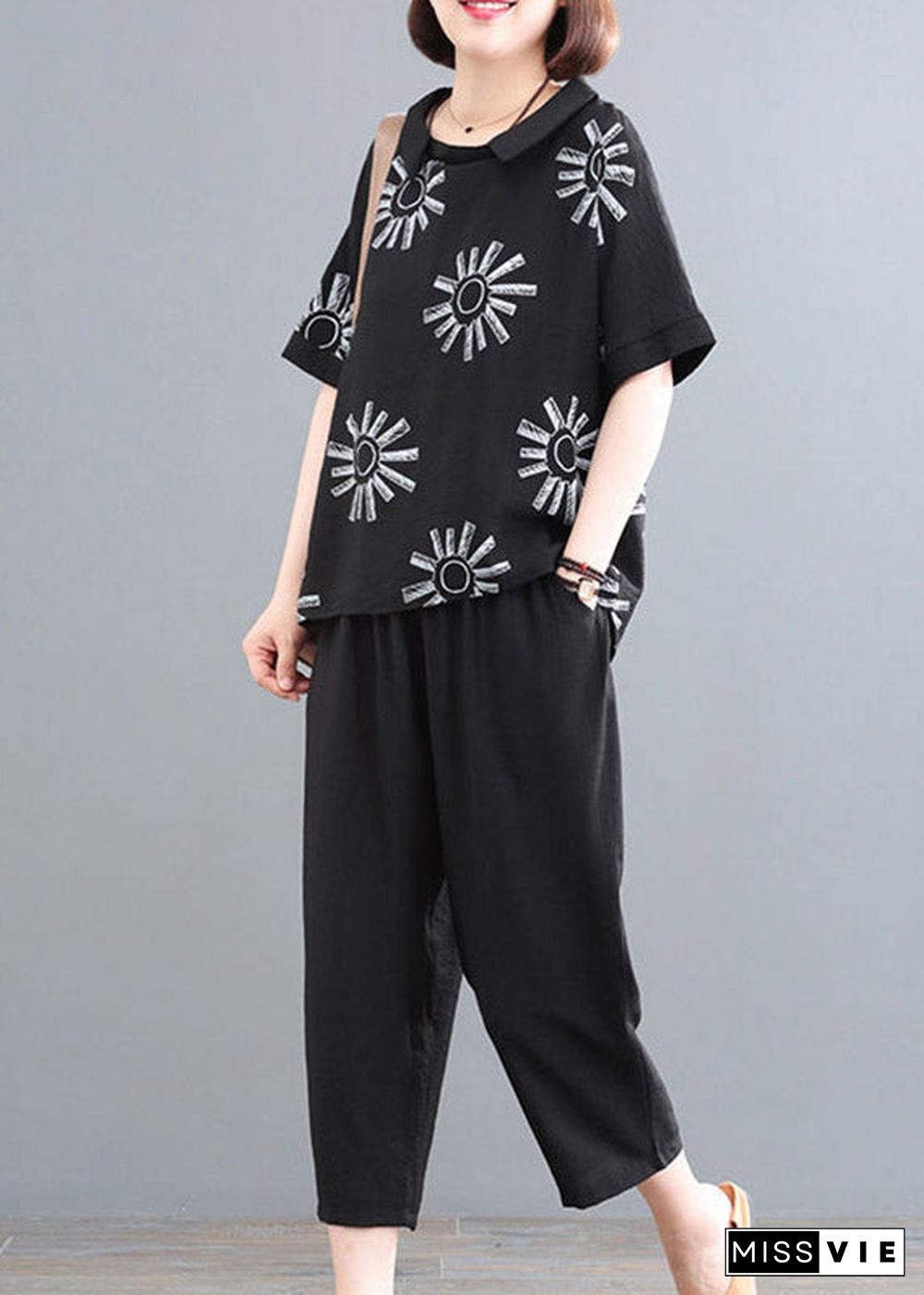 Chic Black Print O-Neck Top And Crop Pants Two Pieces Sets Summe