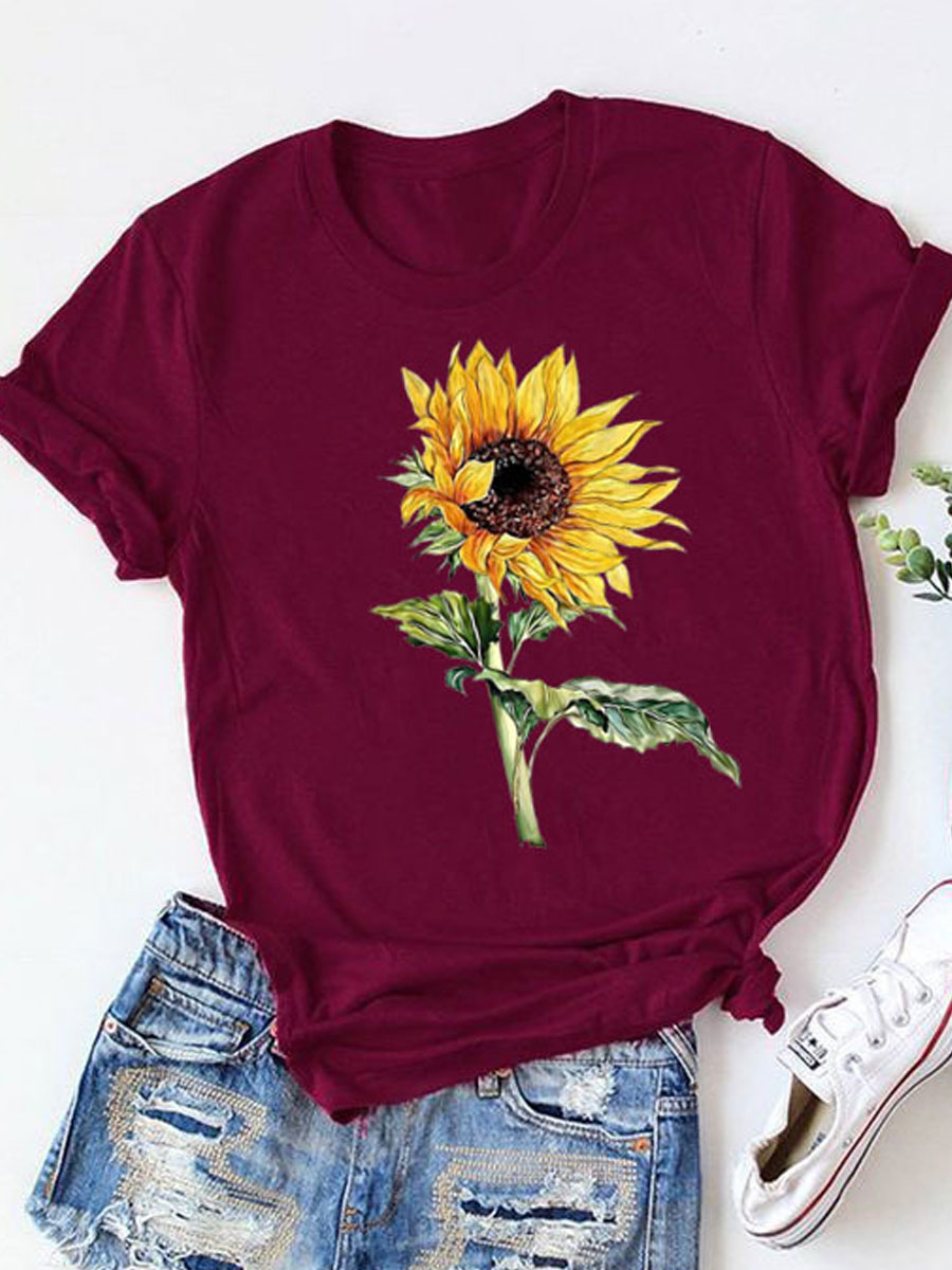 Sunflower Pattern Simple Short Sleeve T-Shirt