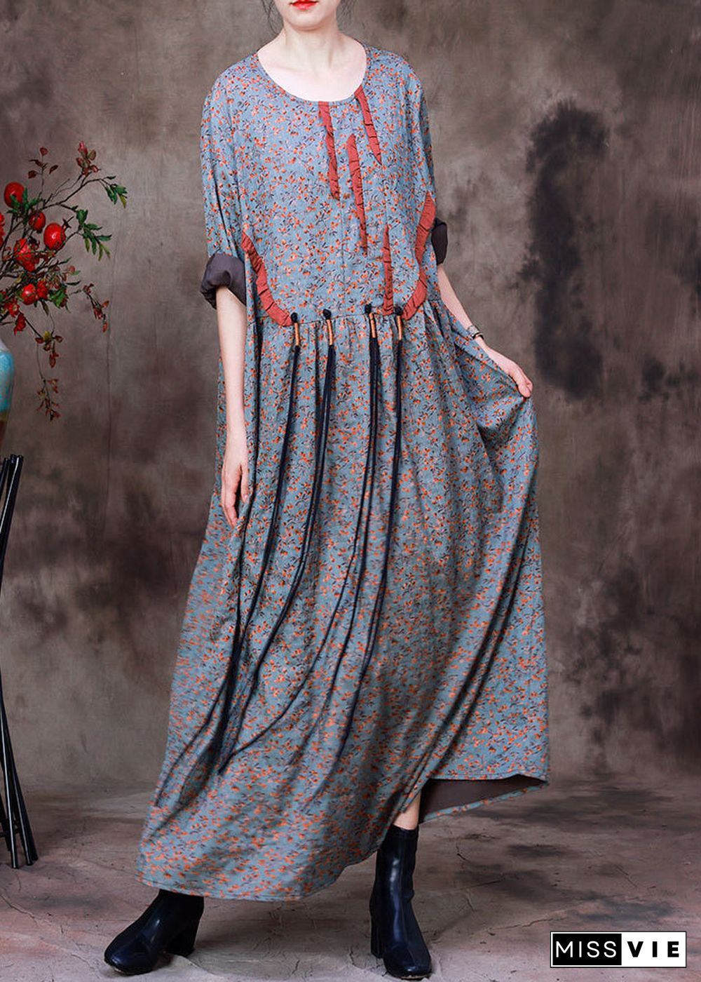 Style O-Neck Print Wrinkled Silk Ankle Dress Long Sleeve