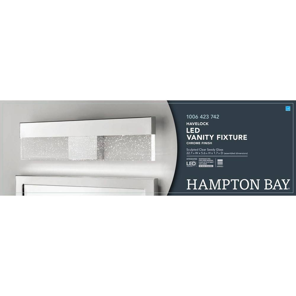 Hampton Bay Havelock 22.7 in. 1-Light Chrome Integrated LED Bathroom Vanity Light Bar with Clear Seedy Glass KGL1391L-2CR