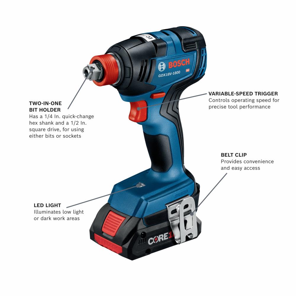 Bosch 18V 4 Tool Combo Kit with 1/4 and 1/2 Two In One Bit/Socket Impact Driver 1/2 Hammer Drill/Driver Circular Saw and LED Worklight with 1 CORE18V 4Ah Battery