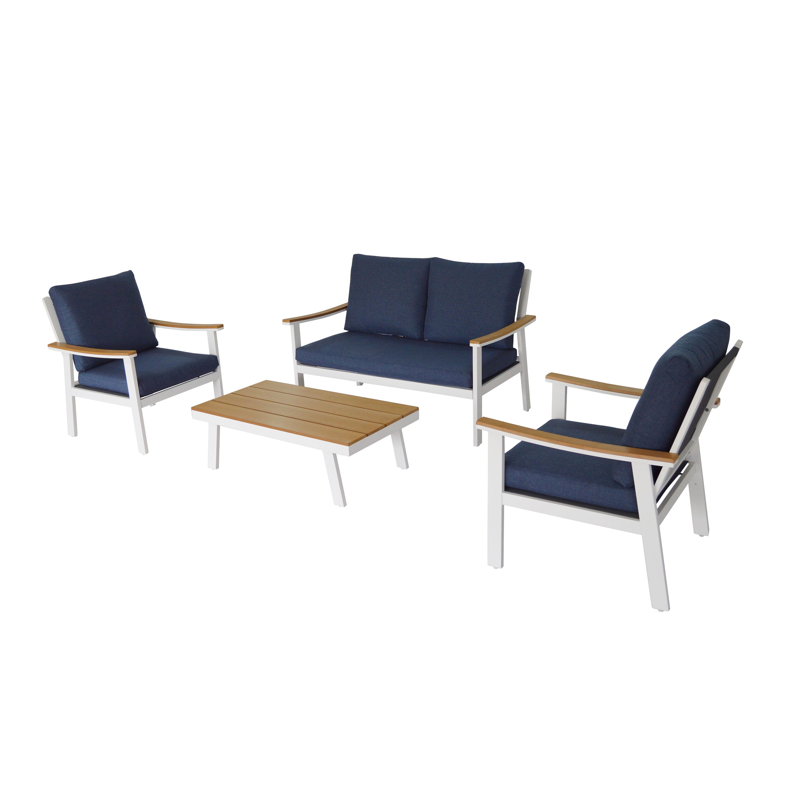 Mathias Outdoor 4 Piece Aluminum and Faux Wood Chat Set with Cushions