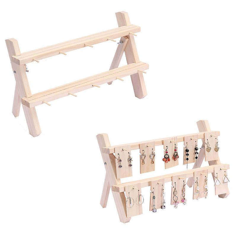 2-Tier Earring Display Stand Wooden Display Riser Retail Jewelry Card Display Stand with Groove and 10 Hooks