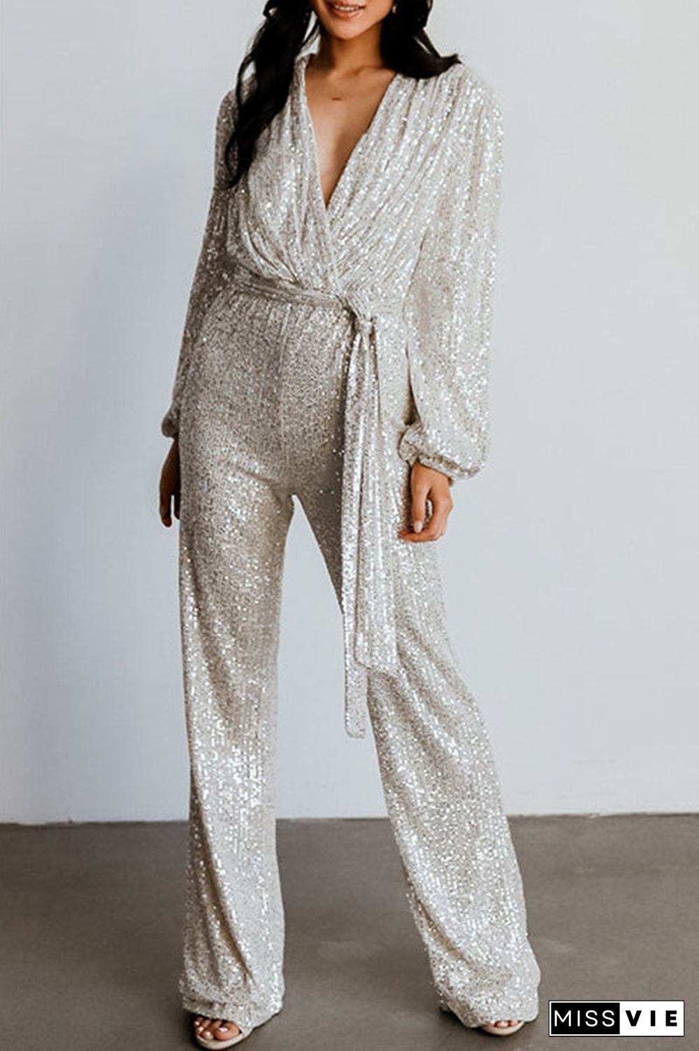 Casual Elegant Solid Sequins V Neck Regular Jumpsuits