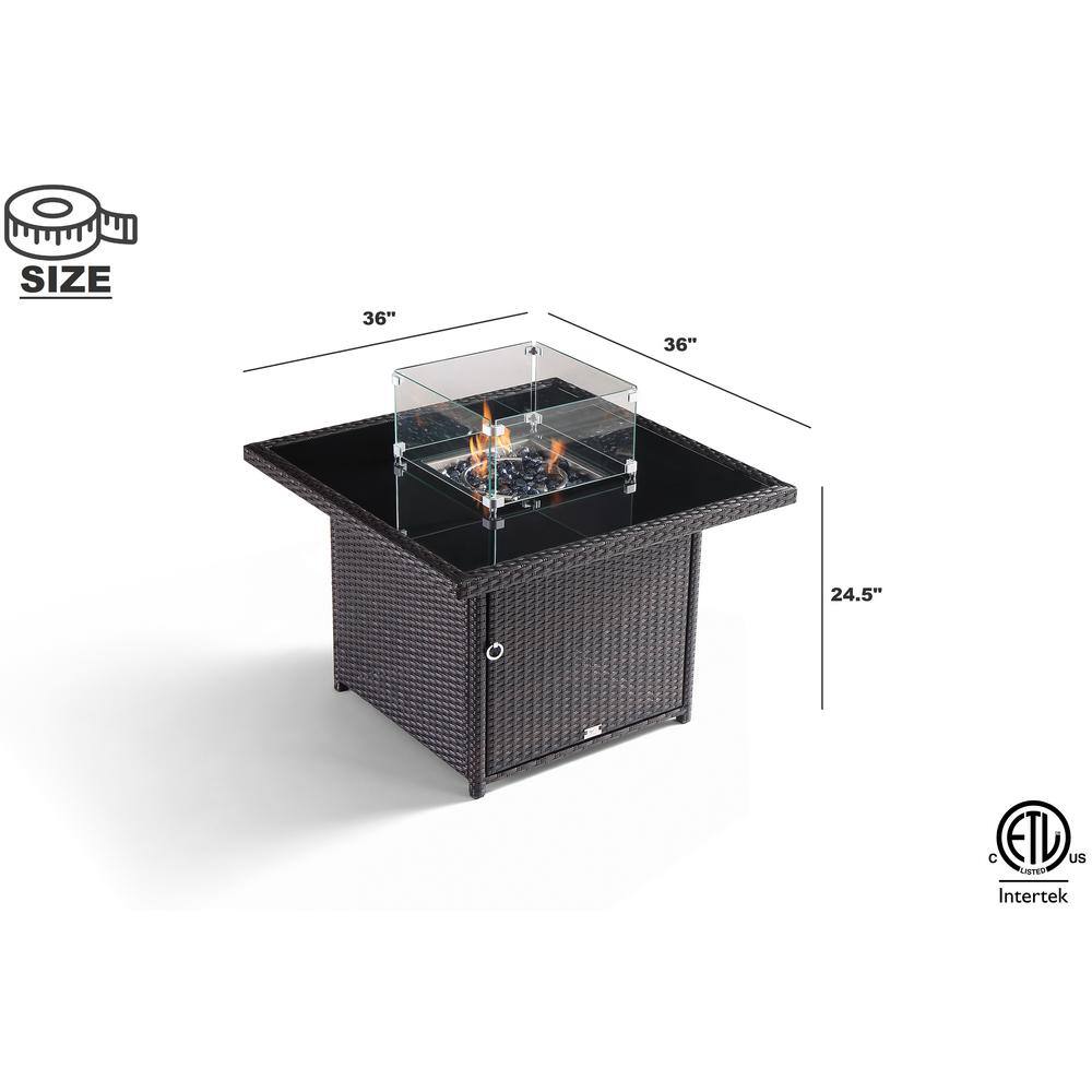 Oakville Furniture Hudson 36 in. Square Outdoor Brown Wicker Aluminum Propane Fire Pit Table in Tempered Glass wFire Glass OF-WKFT36