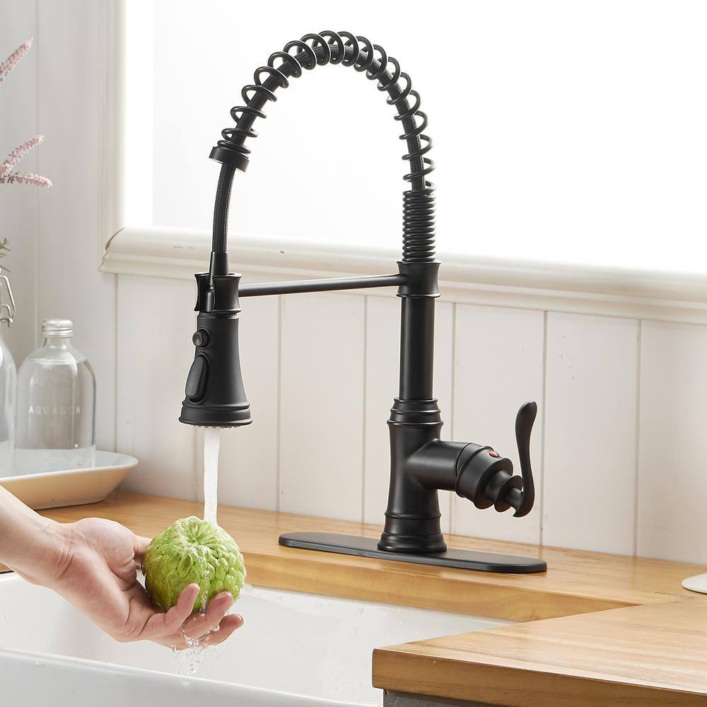 BWE Single-Handle Pull-Down Sprayer 3 Spray High Arc Kitchen Faucet With Deck Plate in Matte Black A-94553-Black