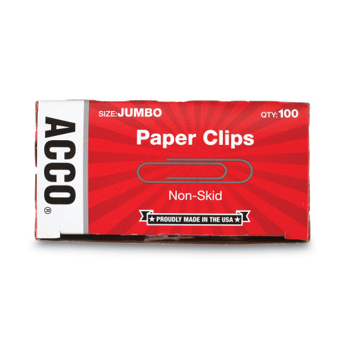 Acco Paper Clips， Jumbo， Nonskid， Silver， 100 Clips/Box， 10 Boxes/Pack (72585)