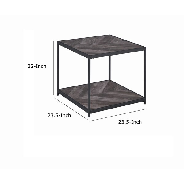 Metal Frame End Table with Wooden Top and Bottom Shelf， Black and Gray