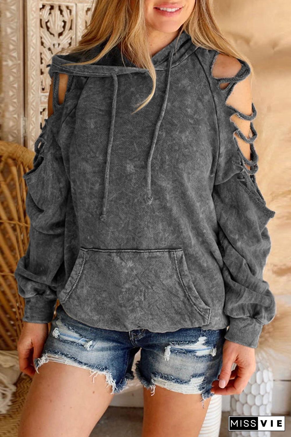 Gray Cut Out Retro Kangaroo Pocketed Pullover Hoodie