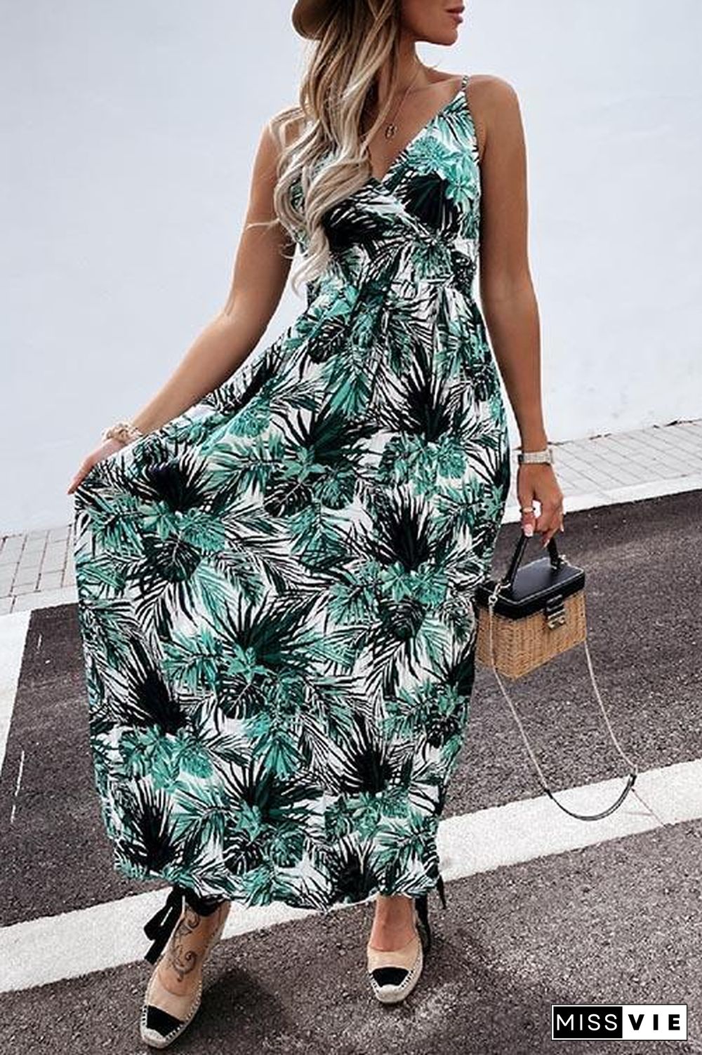 Summer Leaf Print Suspender Maxi Dress