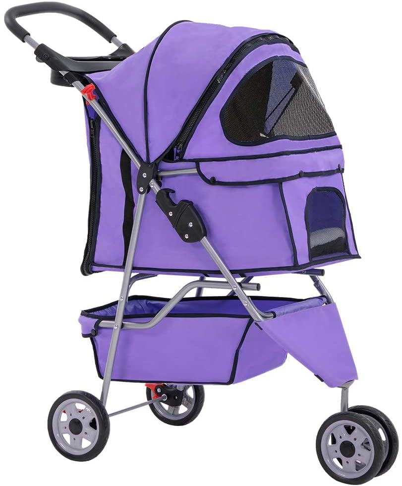 Purple Pet Stroller Cat Dog Cage 3 Wheels Stroller Travel Folding Carrier T13