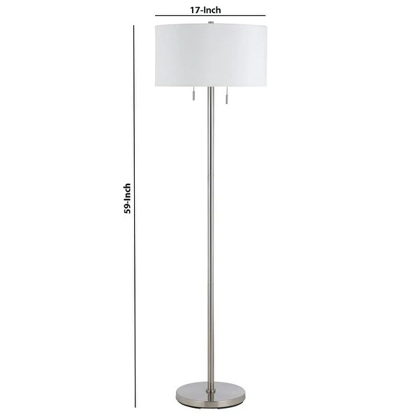 Metal Body Floor Lamp with Fabric Drum Shade and Pull Chain Switch, Silver