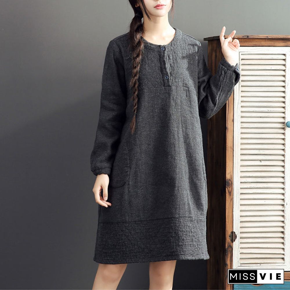 gray warm cotton linen dresses plus size casual long sleeve mid dress