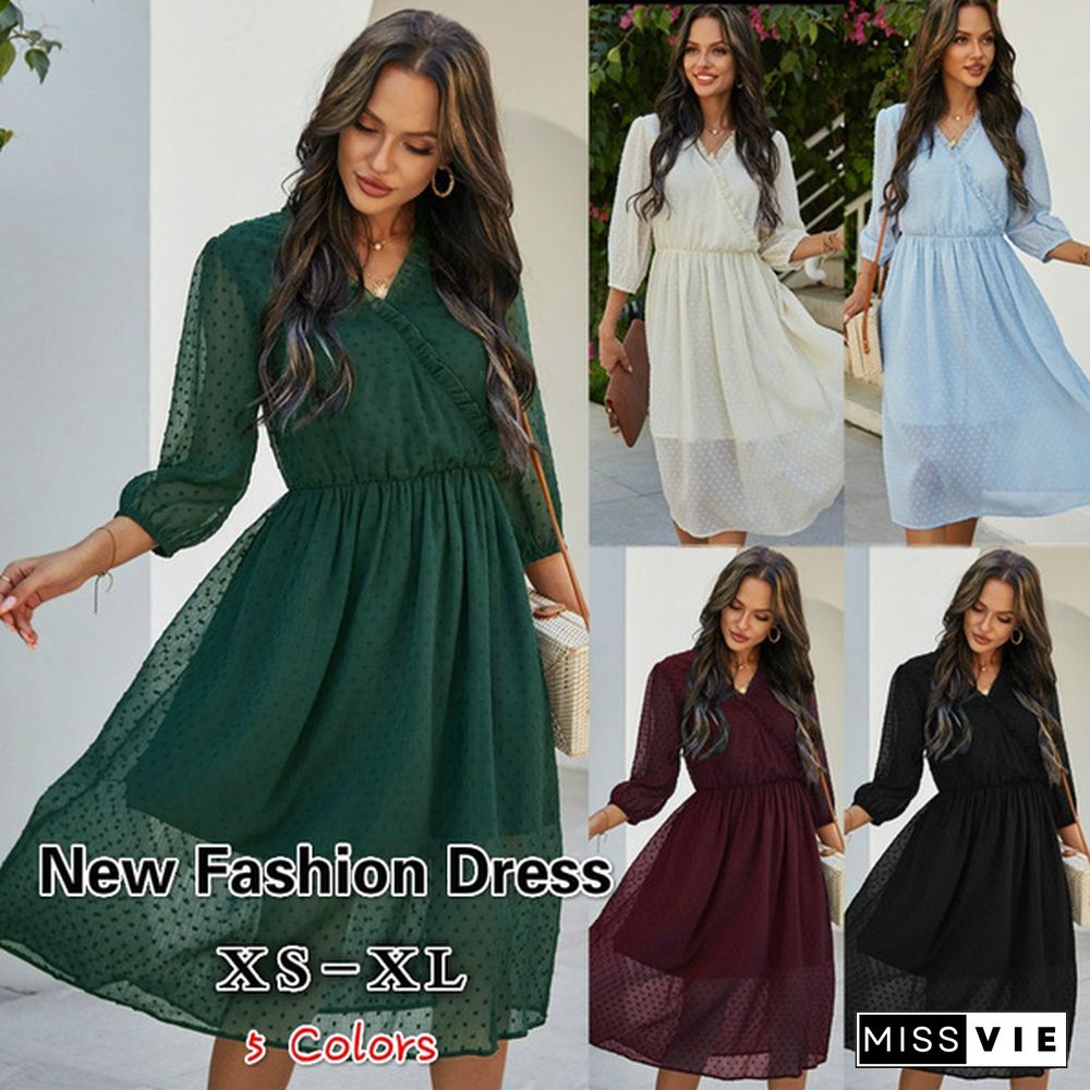 Spring and Summer Women Fashion Chiffon Dress V-neck Middle Sleeve Slim Waist Dress Long Skirt (5 Colors)