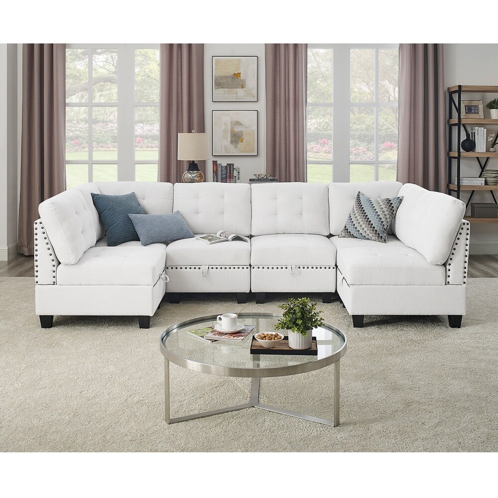 Chenille Modular Corner Sofa U shape Sectional Sofa w/Nailhead