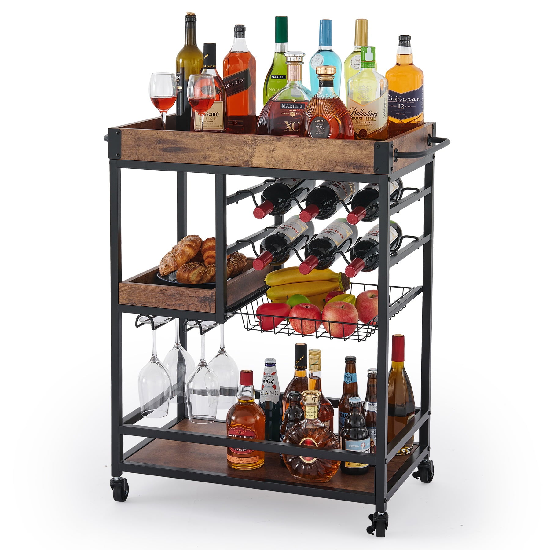 Bestco Bar Cart with Wine Rack Trays 3 Tier Kitchen Storage Cart with Locking and Wheels