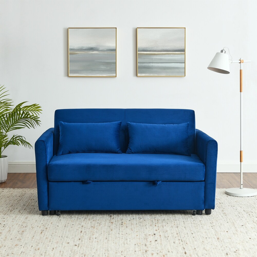 Velvet Upholstered Pull out Sleeper Sofa Convertible Sofa Bed with Adjustable Backrest  Lumbar Pillows and Side Pockets