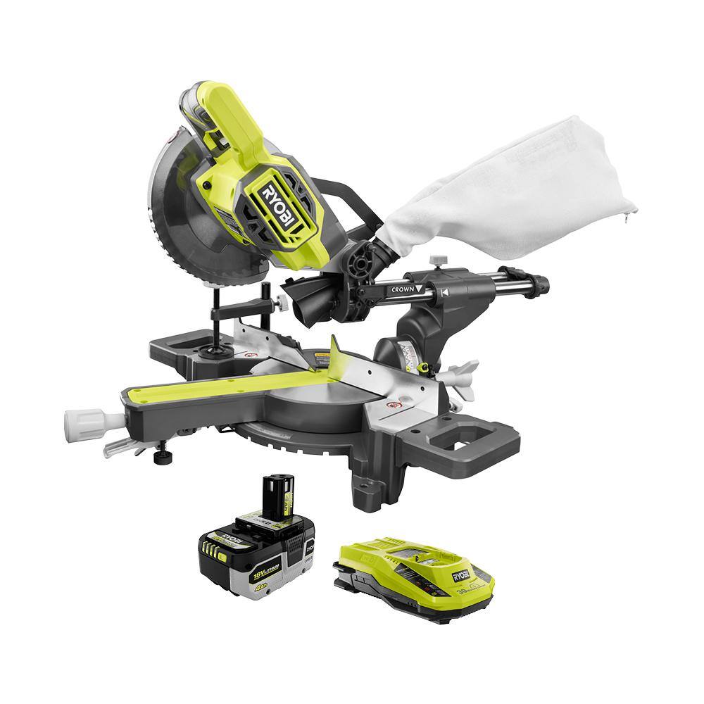 RYOBI ONE+ 18V Cordless 7-14 in. Sliding Compound Miter Saw with HIGH PERFORMANCE Lithium-Ion 4.0 Ah Battery and 18V Charger PBT01B-PSK004