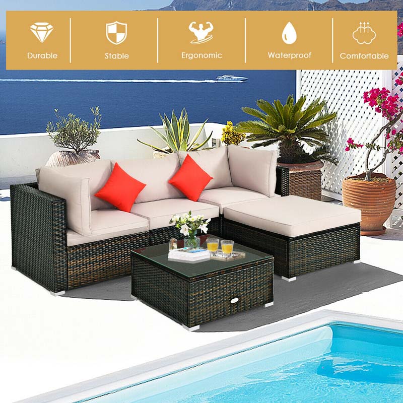 5 Pcs Outdoor Patio Rattan Furniture Sectional Sofa Set Wicker Conversation Set with Cushions