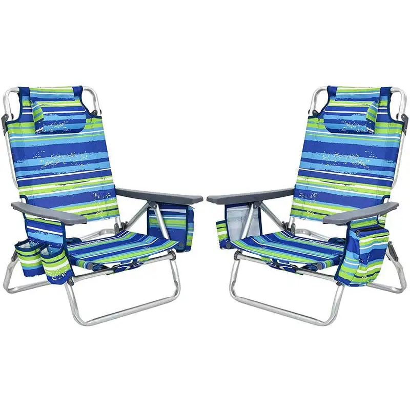 2 Pcs Folding Backpack Beach Chairs 5-Position Adjustable Outdoor Camping Chairs with Cooler Bag & Cup Holder