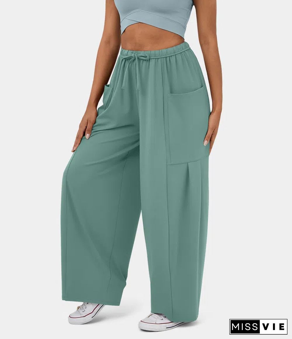 Mid Rise Elastic Waistband Drawstring Side Pocket Palazzo Flowy Wide Leg Casual Pants