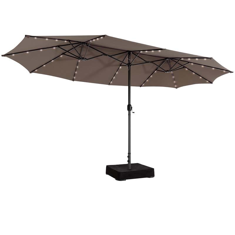 15 FT Double-Sided Patio Umbrella with 48 Solar Lights, Extra-Large Outdoor Twin Market Umbrella with Base