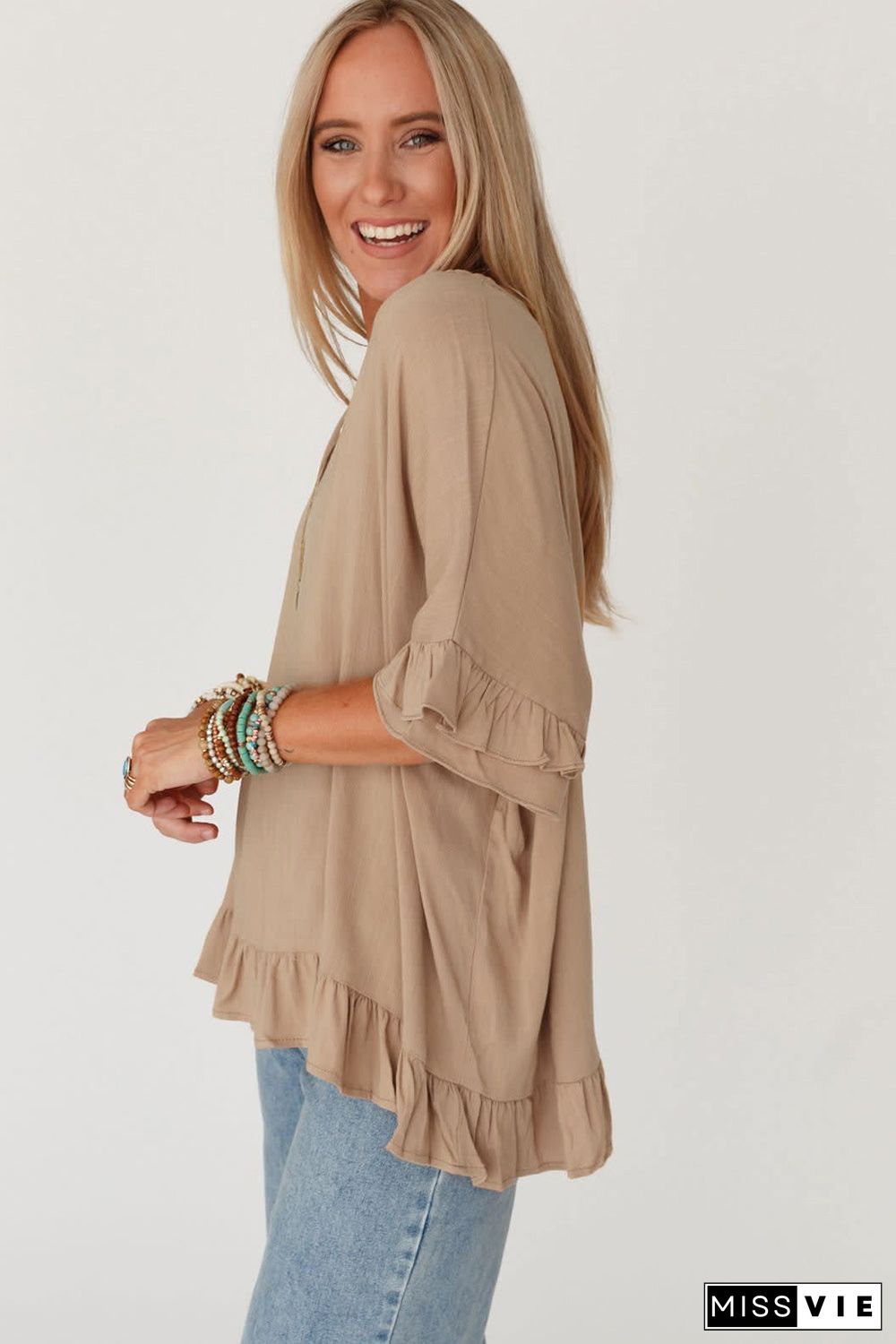 Light French Beige Loose Ruffled V Neck Blouse