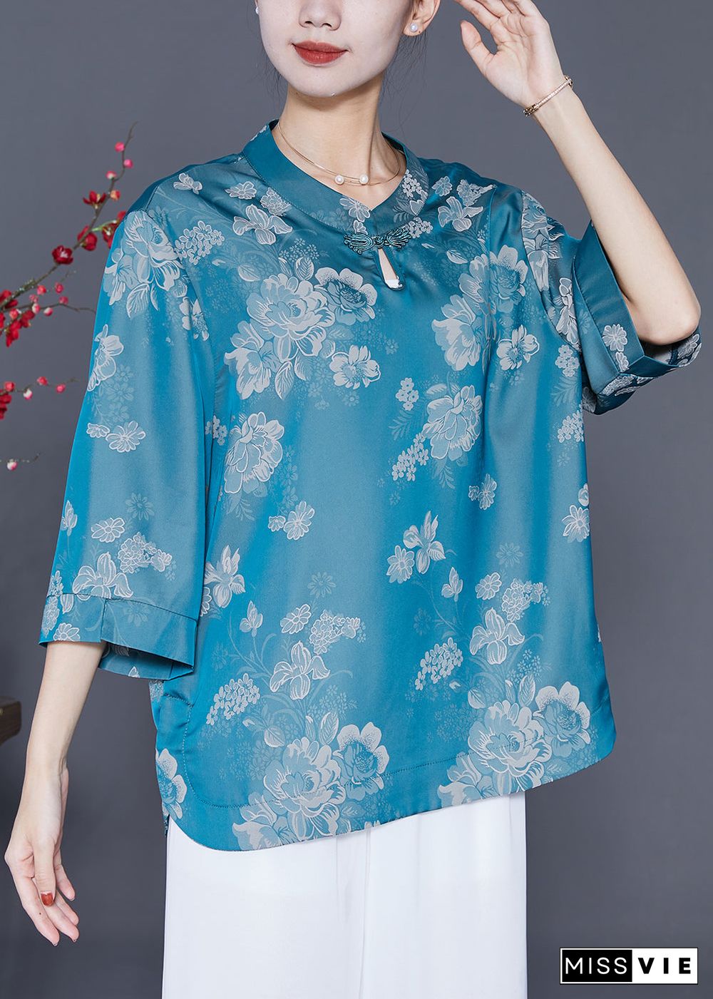 Stylish Blue Oversized Print Silk Shirt Top Bracelet Sleeve