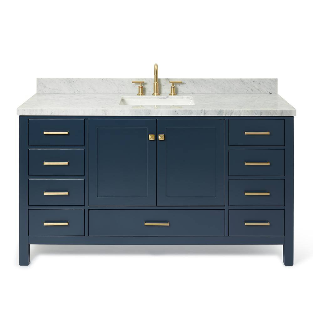 ARIEL Cambridge 61 in. W x 22 in. D Vanity in Midnight Blue with Marble Vanity Top in Carrara White with White Basin A061SCWRVOMNB