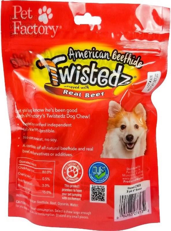 Pet Factory Twistedz 4 to 5-inch Beefhide Bones with Beef Flavored Wrap Dog Hard Chews， 3 count