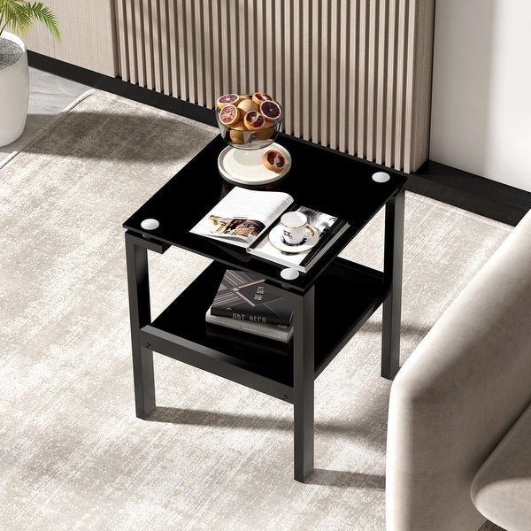 2 Tier Space End Table，Glass Clear SideandEnd Table，Black