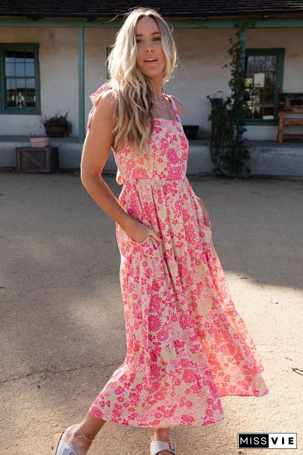 Pink Gingham Floral Tie Shoulder Maxi Dress