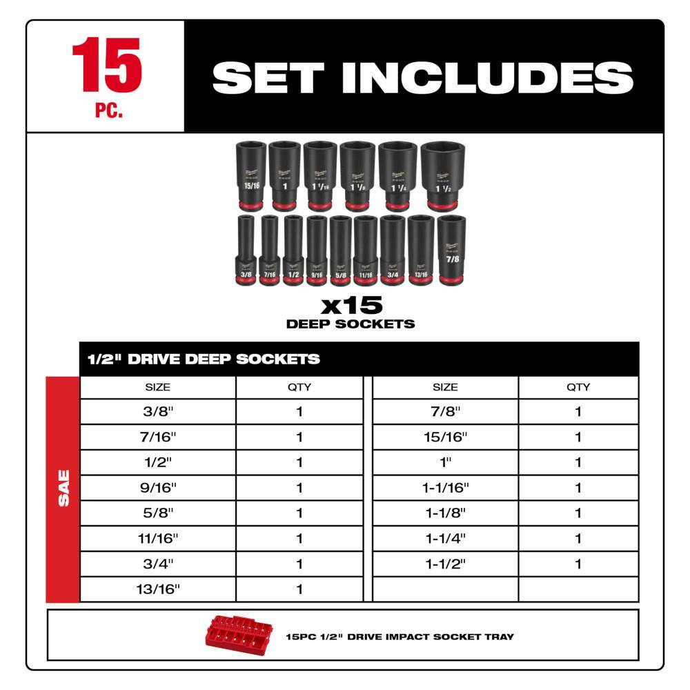 MW SHOCKWAVE Impact-Duty 12 in. Drive SAE Deep Well Impact Socket Set (15-Piece) 49-66-6817