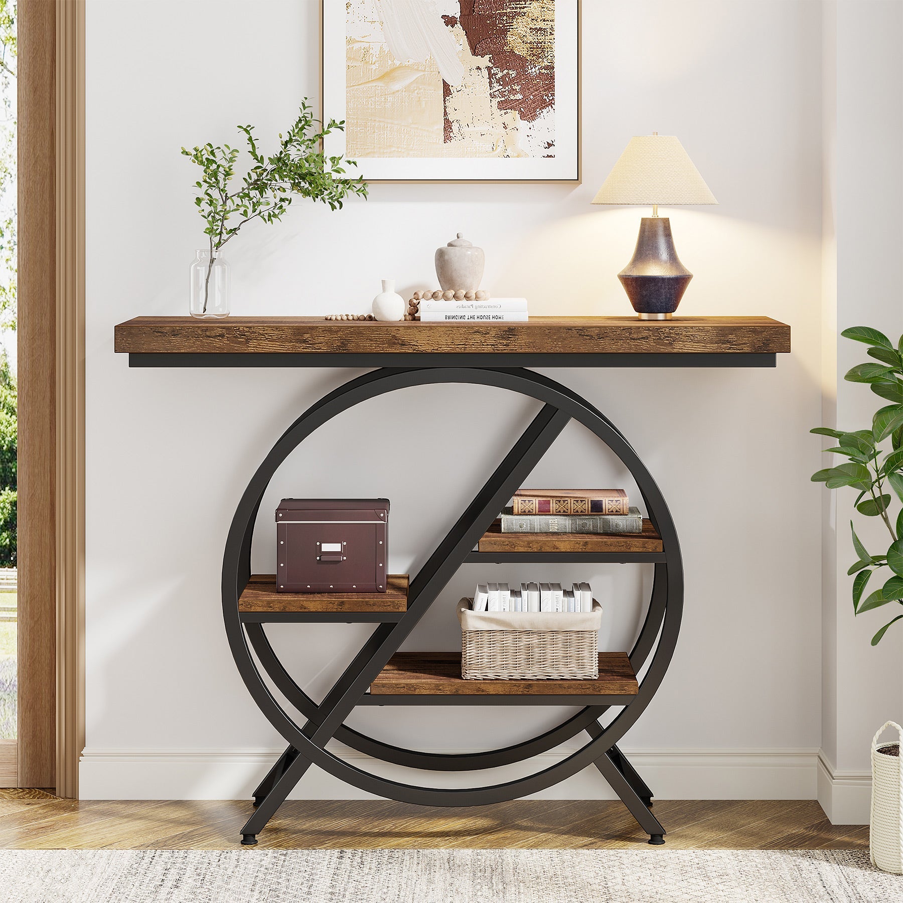 4-Tier Console Table, 39.4 Entryway Table with Geometric Metal Frame