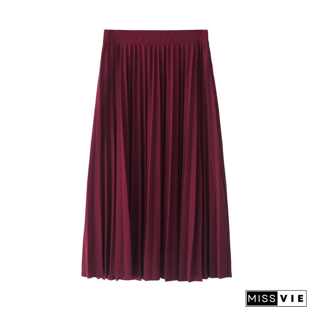 Women Fashion High Waist Pleated Solid Color Ankle Length Skirt All-Match Chiffon Clothing Lady Casual Stretchy Thicken Skirts